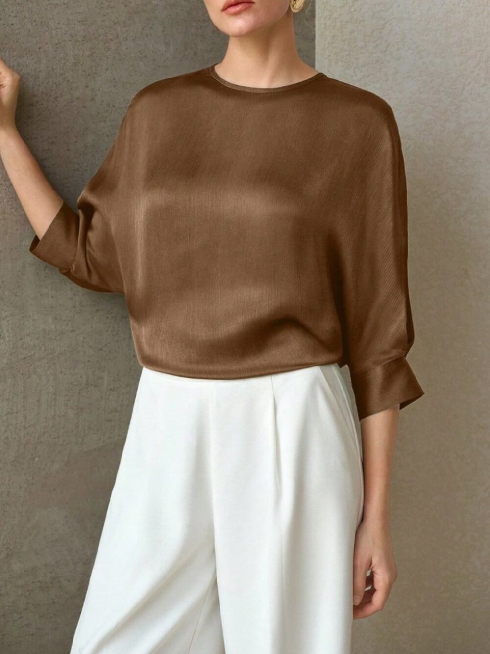Brown Satin Dolman Sleeve Blouse with Round Neck